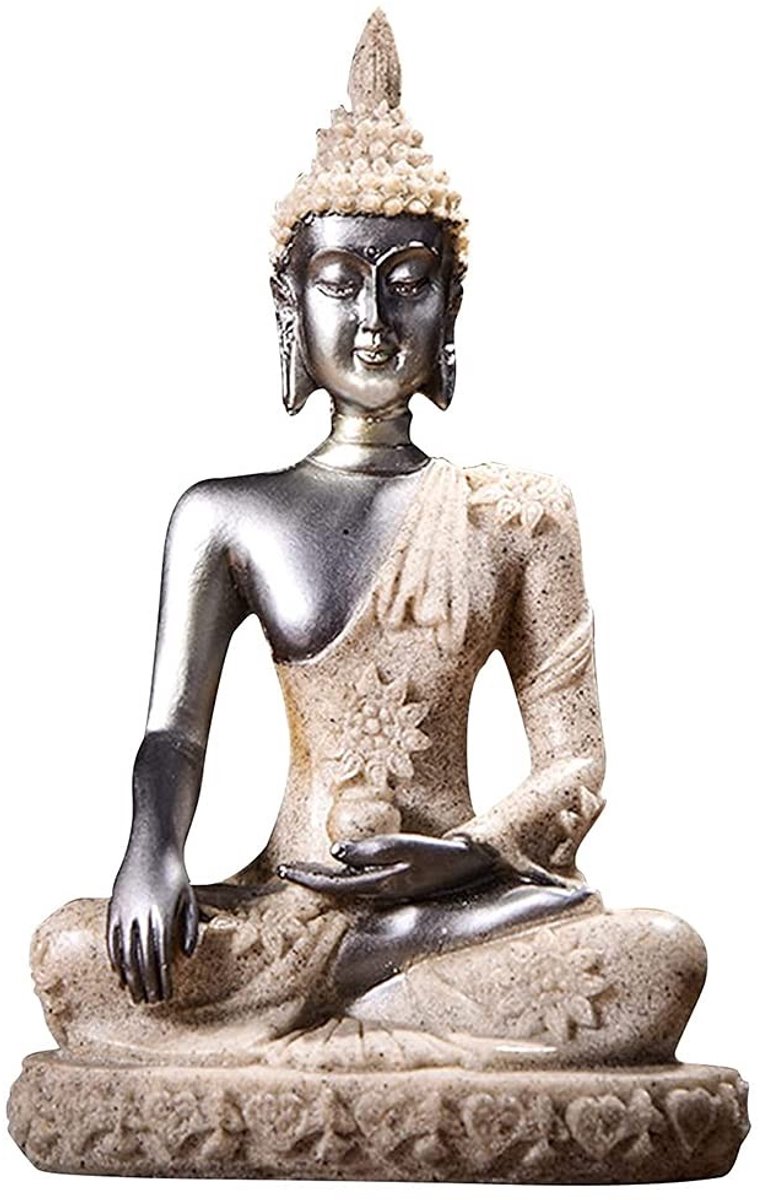 Dailygoods- Boeddha Standbeeld Zandsteen - Meditatie Beeldje - Hand Gesneden Sculptuur - Zwart/Goud - Decoratief Element - Inspirerende Godheidsfiguur - Beeldhouwwerk