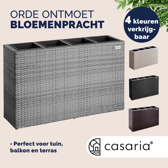 Grijze polyrattan plantenbak van casaria met vier plantenbakken, verkrijgbaar in 4 kleuren.