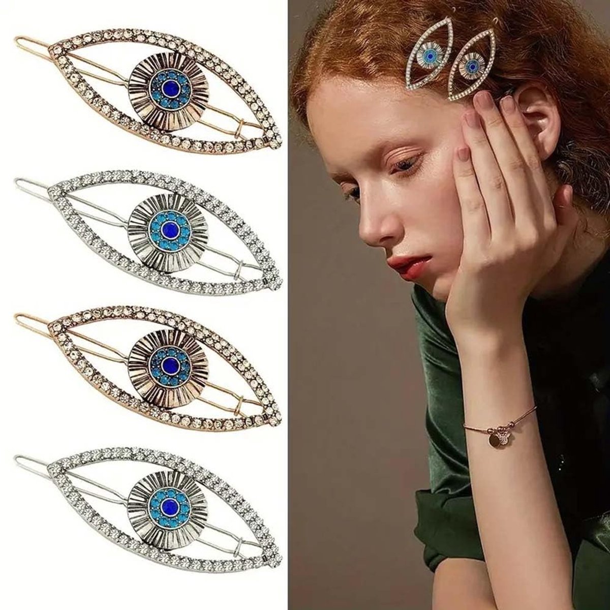 Dailygoods- Haarspeldjes Vintage - 4 Stuks - Metalen Haarspelden - Boze Oog Design - Strass Decoratie - Geschikt voor Feestelijke Gelegenheden - Haaraccessoires