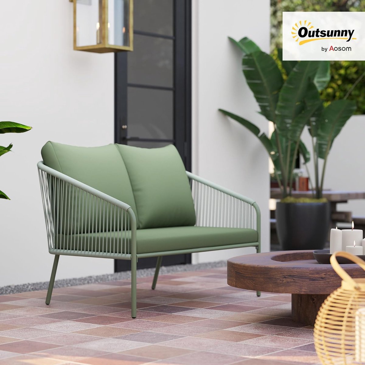 Rotan Tuinbank 2-Zits 112 x 72 x 76 cm Polyrotan Loungesofa met Groene Kussens, Weerbestendige Balkonbank voor Tuin, Terras, Veranda en Balkon Groen - Mobili Bella