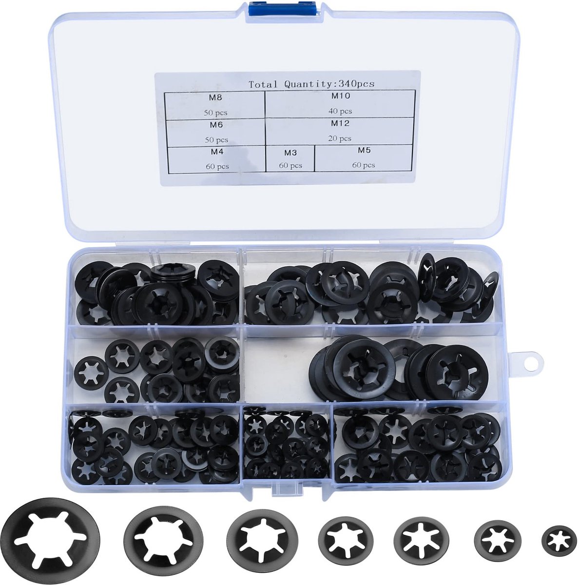 Dailygoods- Sluitringen Assortiment - Binnentand Snelsluiting - Borgringen - Zwart - M3/M4/M5/M6/M8/M10/M12 - 340 Stuks