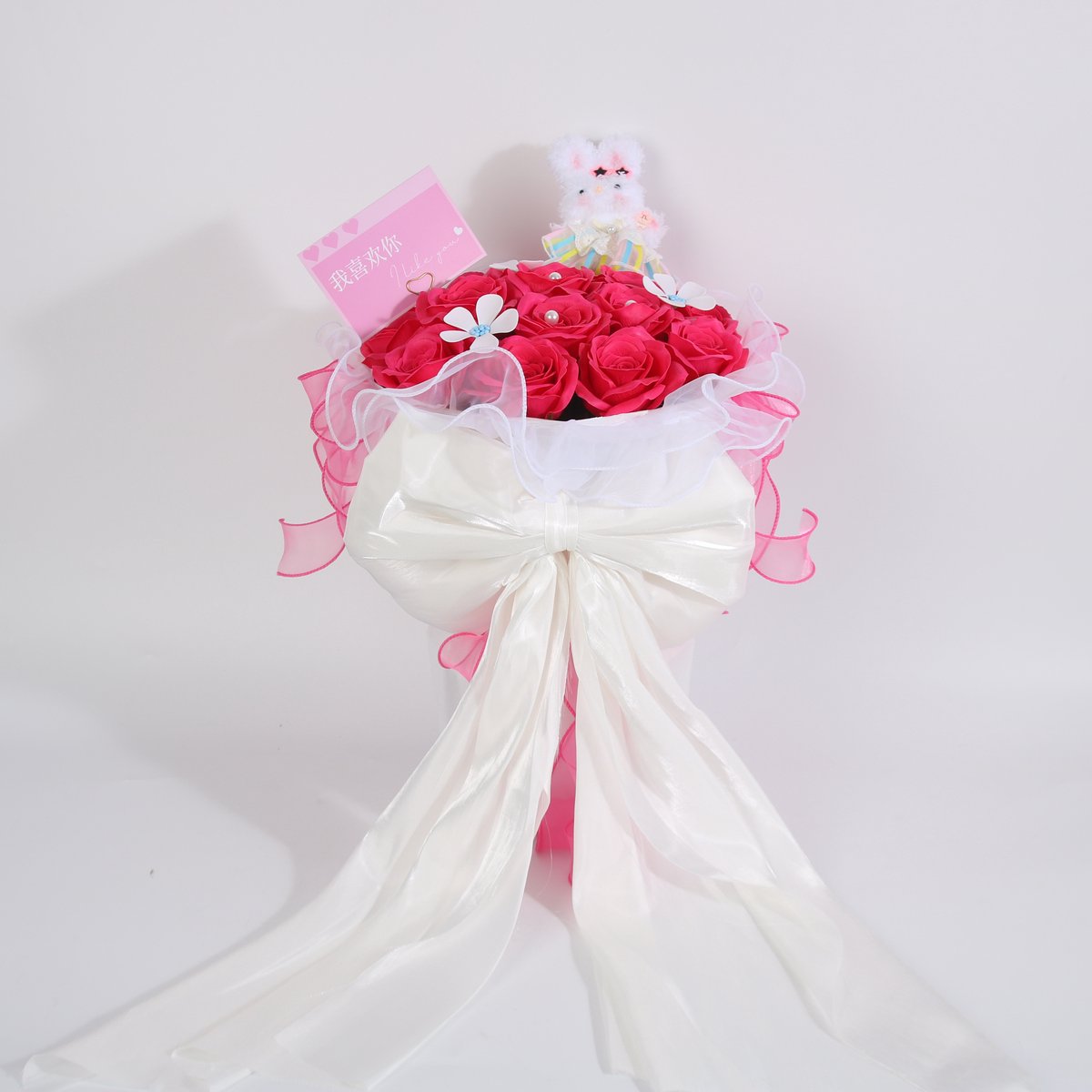La Roselle Amsterdam Pink Romance Fuchsia Rozenboeket met Knuffel Konijntje – Kunstrozen in Cadeaubox – Romantisch Cadeau