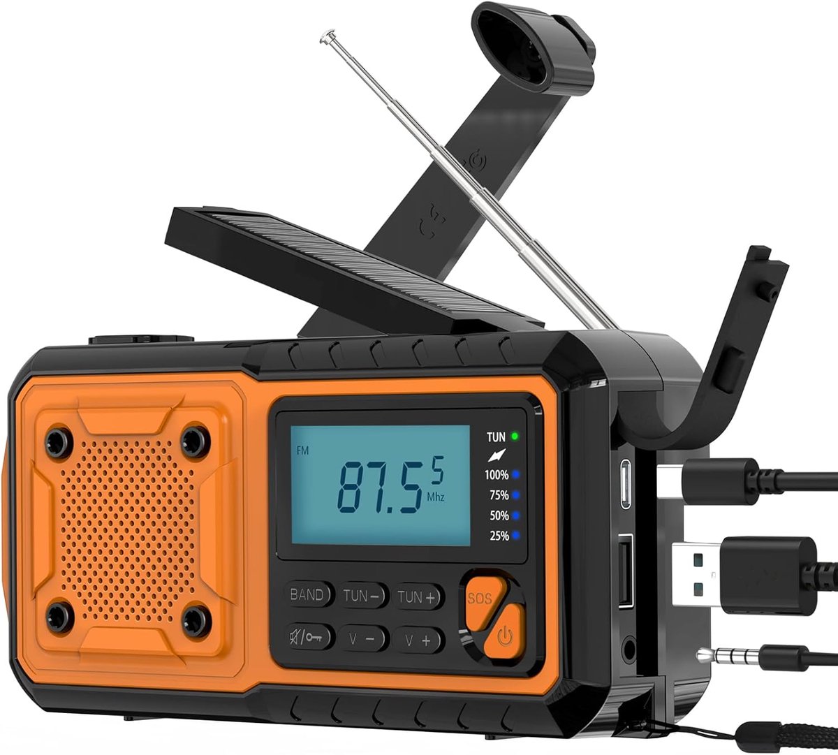 Noodradio - Op zonne-energie en 4000mAh-batterij - Met noodzaklamplezer en SOS-signaal - Geschikt voor overleving/wandelen en noodsituaties