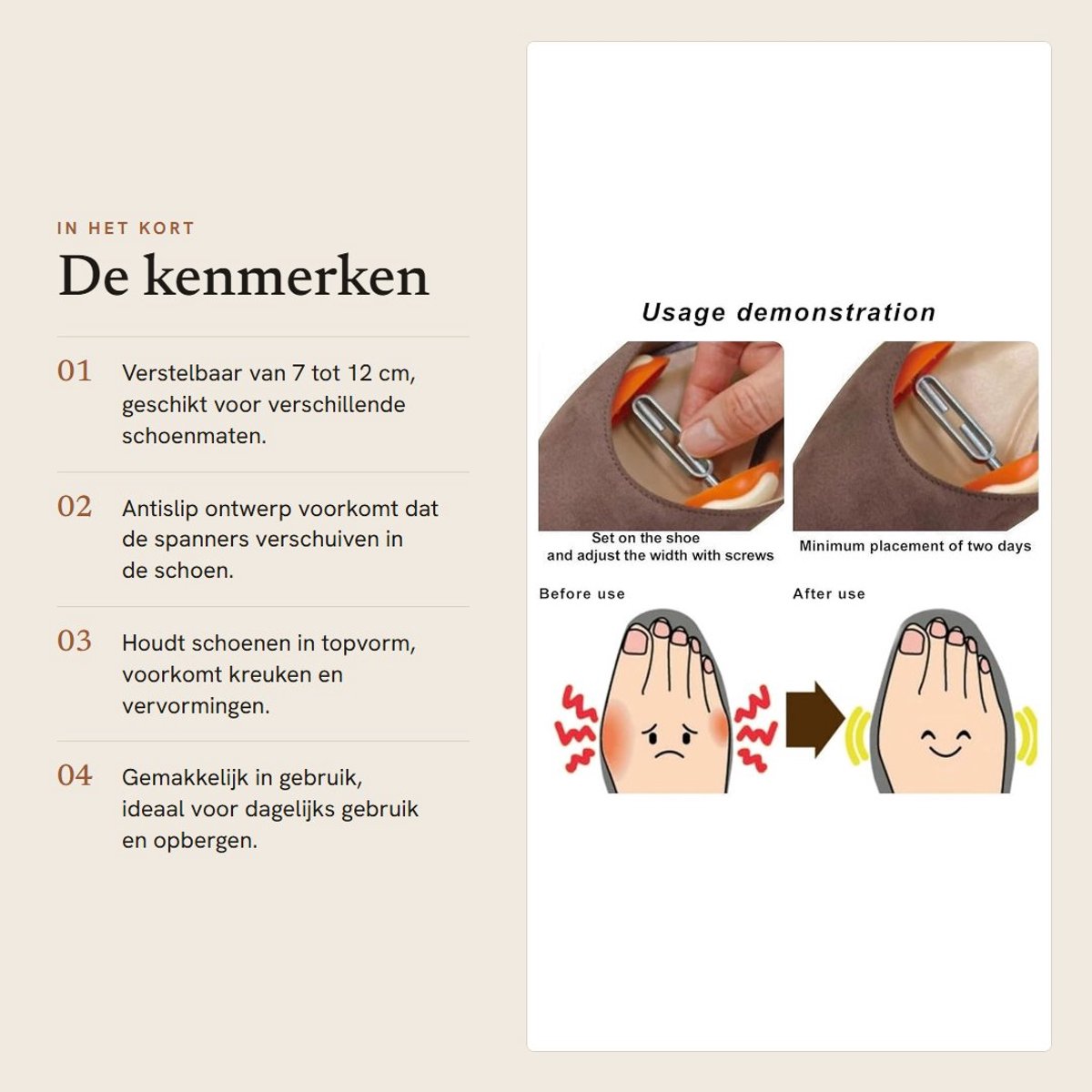 Dailygoods- Schoenspanners Antislip - Verstelbaar 7-12 cm - Schoenoprekker - Schoenspanner Hout - Zinklegeringsschroeven - Corrosiebestendig - Schoenondersteuning
