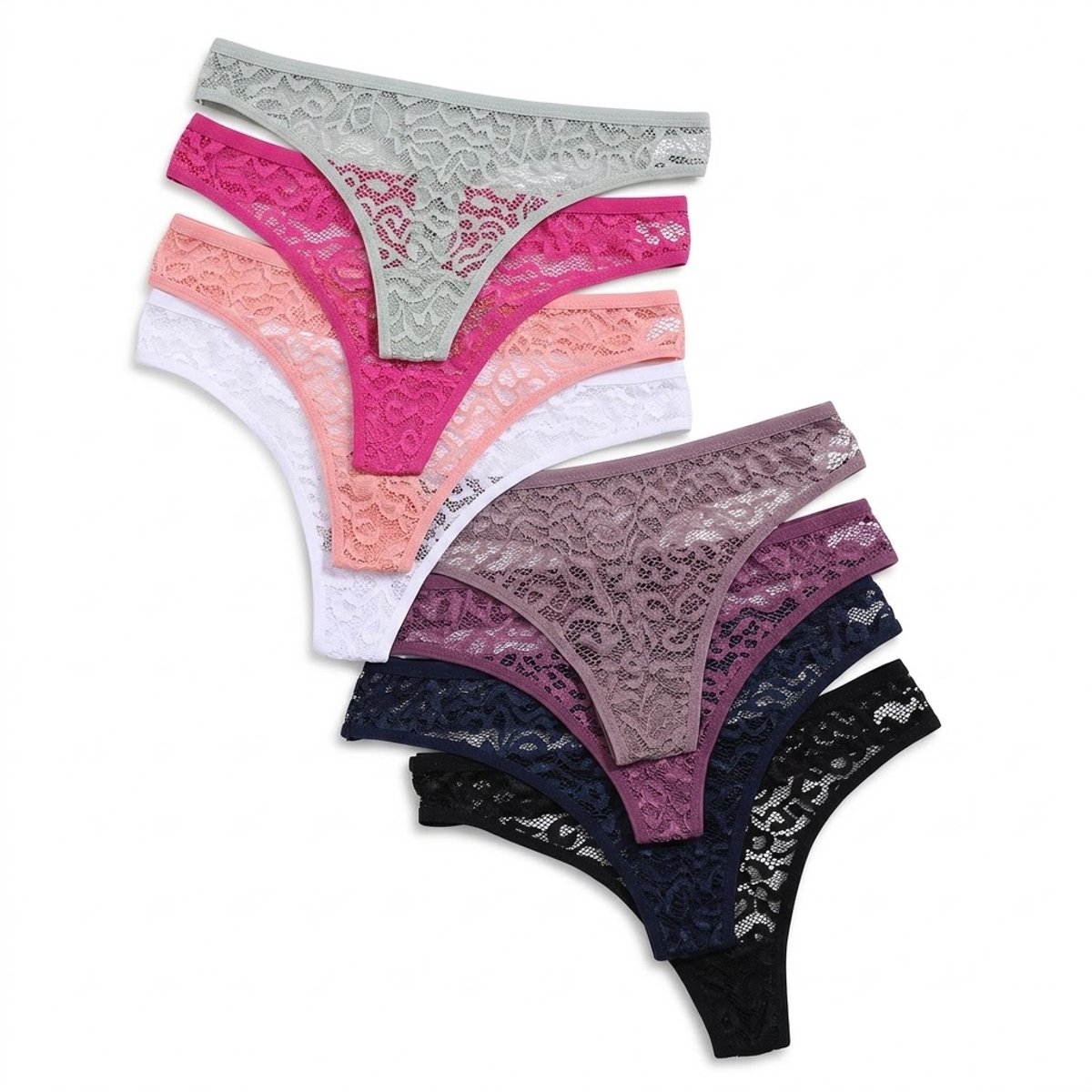 Roze Witte Zwarte Paarse Groene Kanten Slipjes Dames Transparant Bloemmotief Mid Rise Ondergoed Set van 8 Sexy Lingerie Mesh String Slipjes