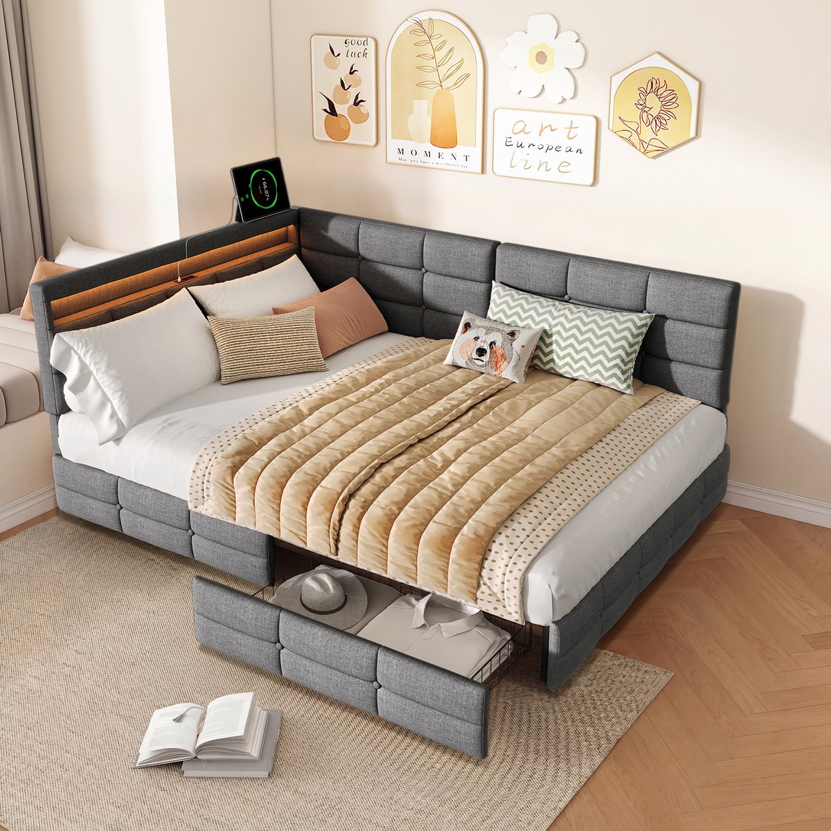 SHOPENTRA Hoekbed 140x200 cm grijs linnen met opbergruimte, LED verlichting en USB-C laadstation