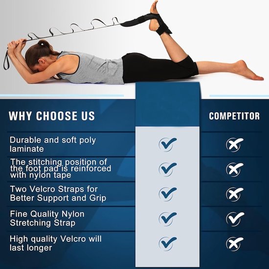 Yoga Stretching Strap - Beenstrekkerband - TENZHVXI® - Fascia Stretcher - Verlichting van Plantaire Fasciitis - Ideaal voor fitness, yoga, herstel, oefeningen, thuistraining, buiten, pilates - Zwart — afbeelding 4