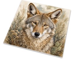 Glanzend tegeltje met Coyote (Canis latrans) - Noord-Amerikaanse wildlife aquarel - 15x15 cm
