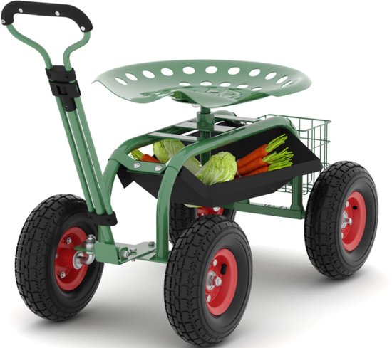 Groene tuinwagen met verstelbaar handvat, stoel, mand met groenten en vier wielen met rode velgen.