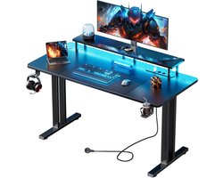 HLONONE Gamingtafel met Led, 120 x 60 cm Gamingbureau met Stopcontacten en USB-poorten, Gaming Schrijftafel met Monitorstandaard, Stabiele Computertafel voor Gaming en Kantoor, Zwart Koolstofvezel
