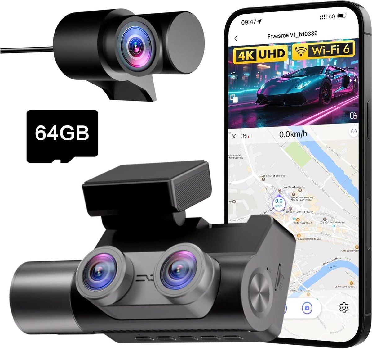 3-Channel Dashcam Car, 4K UHD Front + Full HD Rear + Interior, Dashcam with 24h Parking Monitoring, WiFi 6 & GPS, HDR/WDR Night Vision, 3 Inch IPS Dash Cam with 64GB Card (V1)