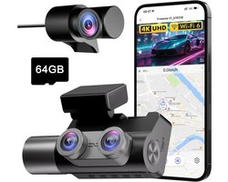 3-Channel Dashcam Car, 4K UHD Front + Full HD Rear + Interior, Dashcam with 24h Parking Monitoring, WiFi 6 & GPS, HDR/WDR Night Vision, 3 Inch IPS Dash Cam with 64GB Card (V1)