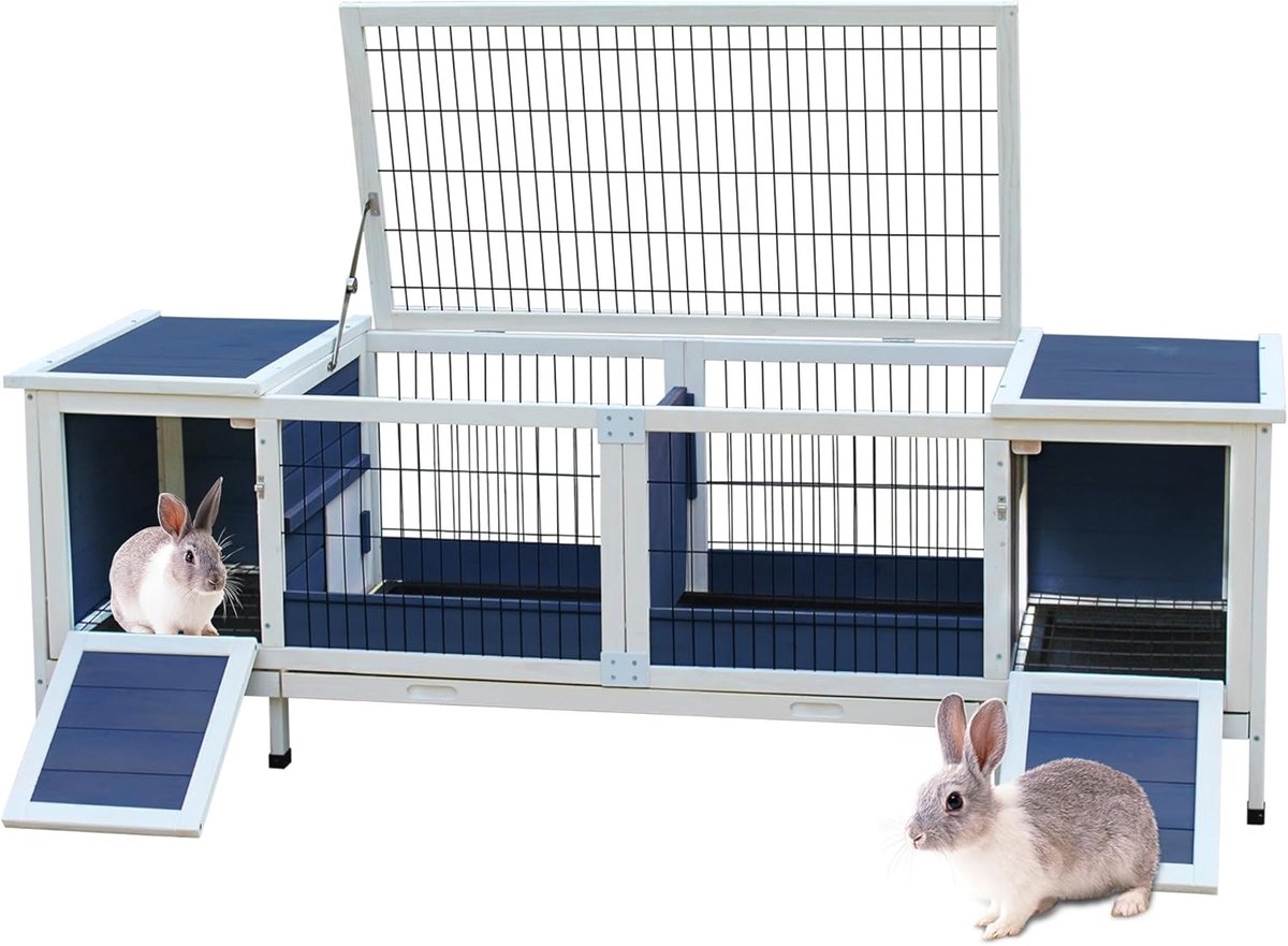 Indoor and outdoor rabbit hutch rabbit cage upgrade, large space for rabbits, guinea pigs, hares and other small animals, blue