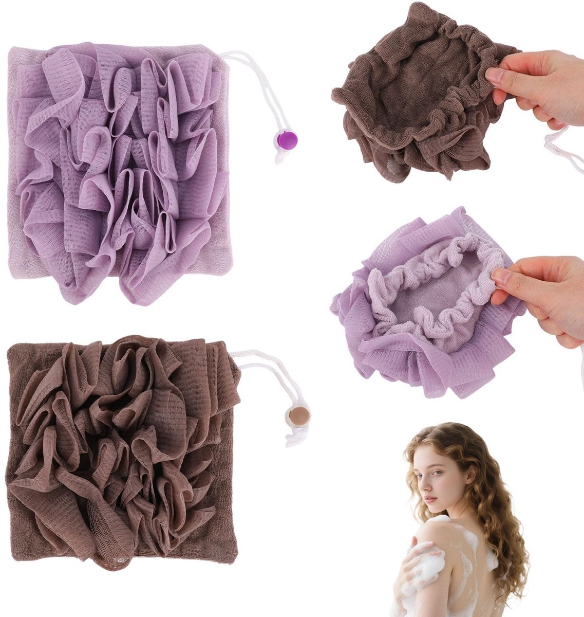 Dailygoods- Loofah 2-in-1 Exfoliërende Badspons - Douchepuff van Gaas - Herbruikbaar Washa