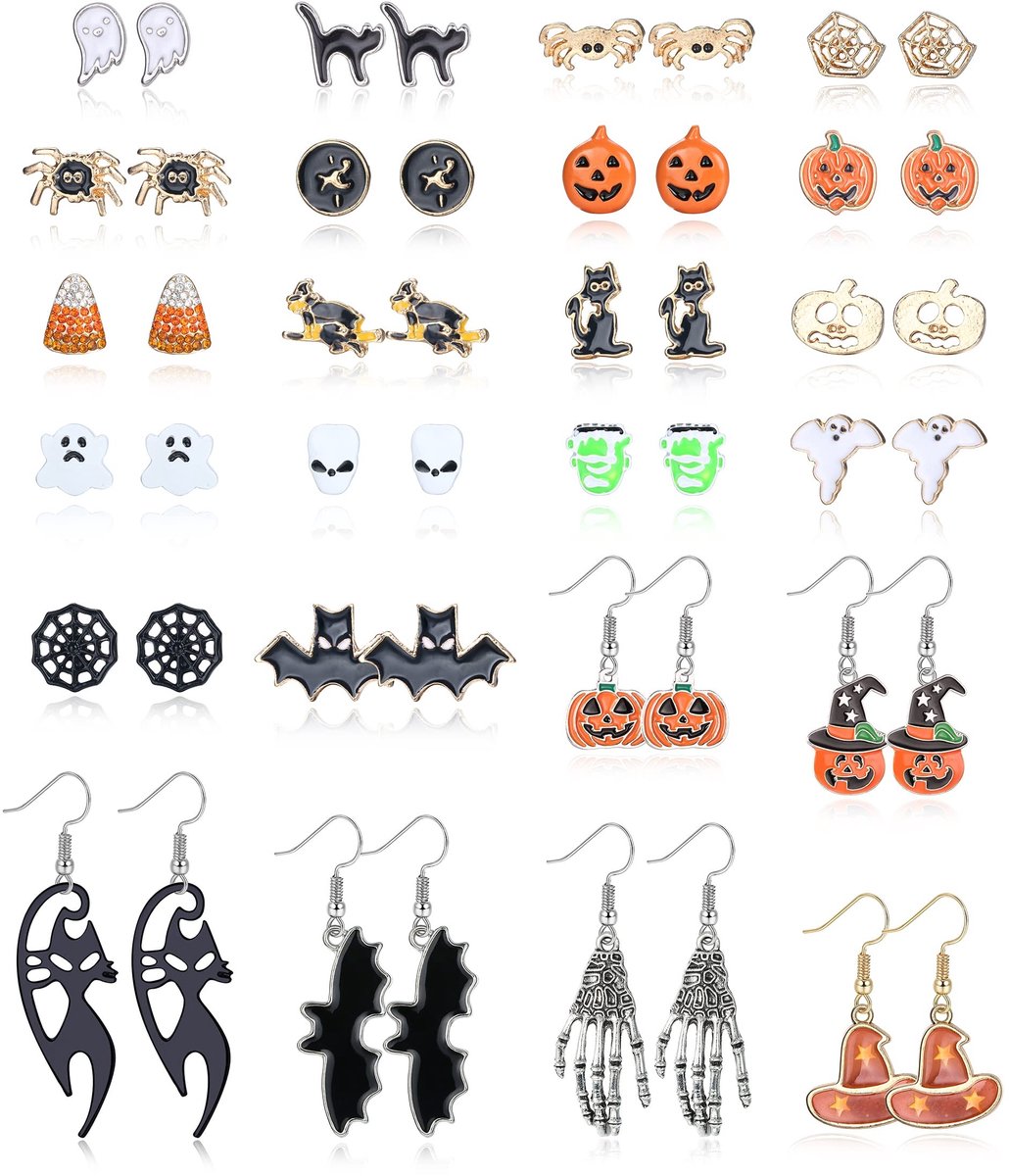 Dailygoods- Oorbellen Halloween set 24 paar - Klinknagel/val oorbellen - Schedel/spin/pompoen - Hypoallergeen - Duurzaam - Perfect voor feestjes - Sieraden