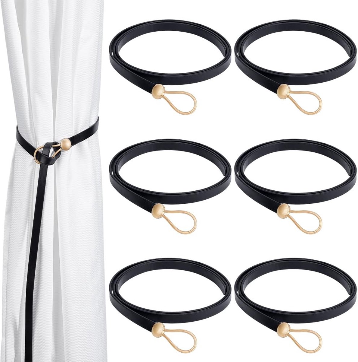Dailygoods- Gordijnhouders 6 Stuks - PU-leer - Antislip - Decoratief Touw - Muurbevestiging Vrij - 1136 mm Lang - Geen Gereedschap Nodig - Gordijnkoorden