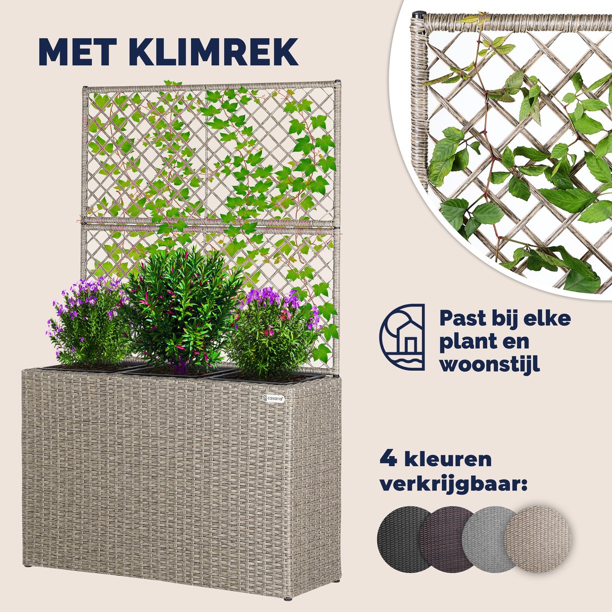 Casaria Polyrattan Plantenbak met Klimrek – 3 Bloembakken – 83x31x146 cm – Creme — afbeelding 4