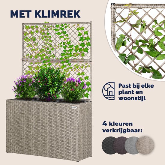 Crème plantenbak met klimrek en planten. 'MET KLIMREK' tekst en tekst over 4 kleuren.