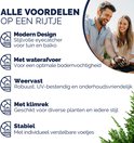 Crème plantenbak met klimrek. Tekst 'ALLE VOORDELEN OP EEN RIJTJE'. Koppels glimlachen op de achtergrond.