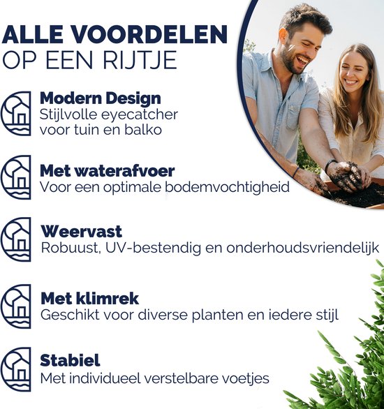 Crème plantenbak met klimrek. Tekst 'ALLE VOORDELEN OP EEN RIJTJE'. Koppels glimlachen op de achtergrond.