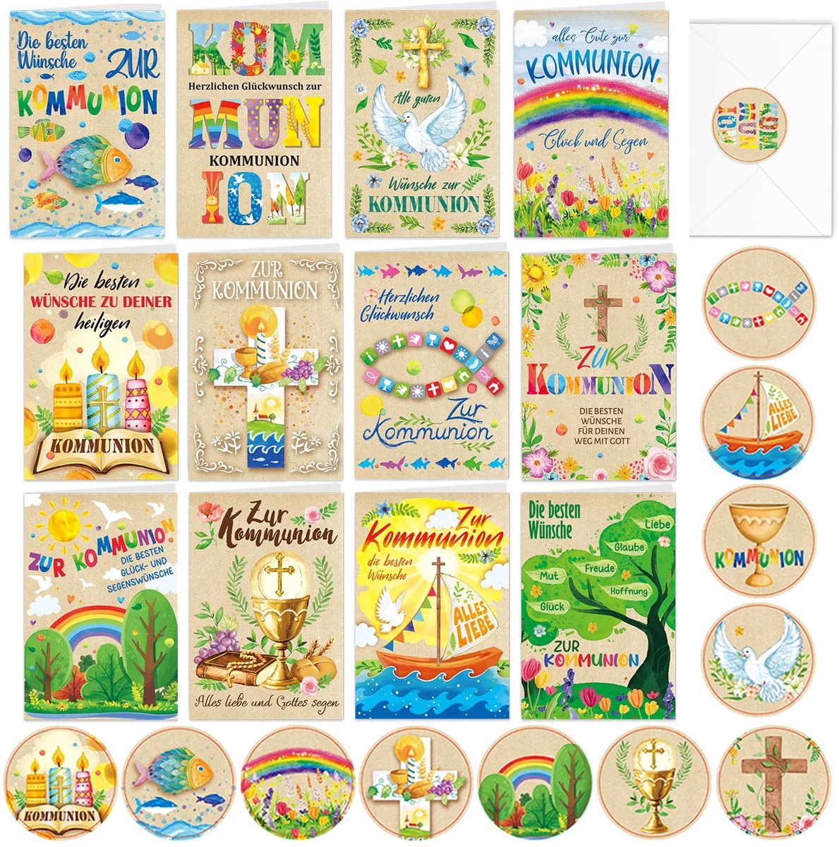 Dailygoods- Communiekaarten 12 Stuks - Meerkleurig Ontwerp - Envelopstickers - Eerste Communie - Felicitatie - Cadeau voor Jongens/Meisjes - Feestkaarten