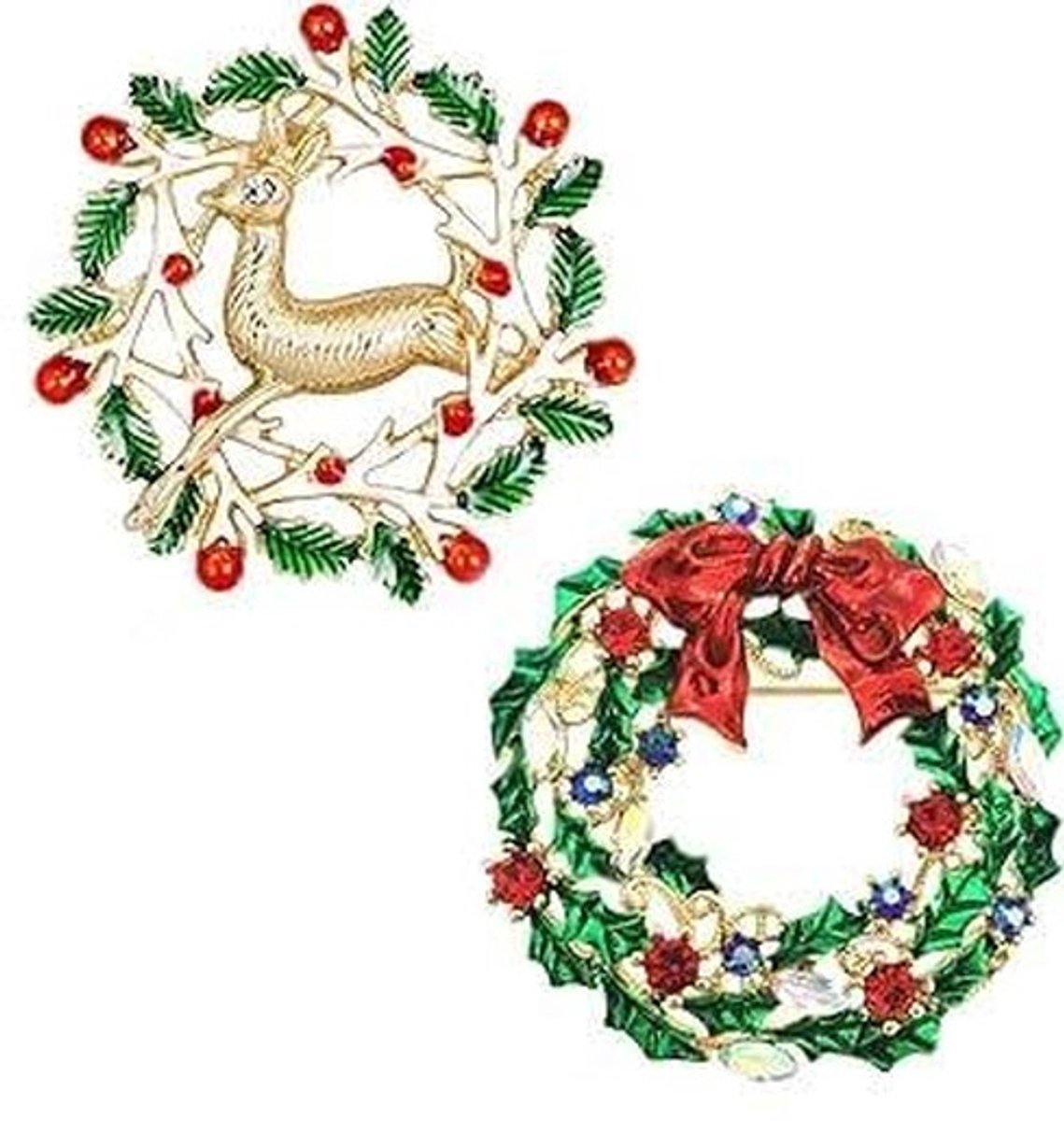 Dailygoods- Kerstbroche set van 2 - Sneeuwvlok/Bel/Krans - Kleurrijke sieraden - Kristallen decoratie - Feestelijk accessoire voor kleding - Kerstsieraad
