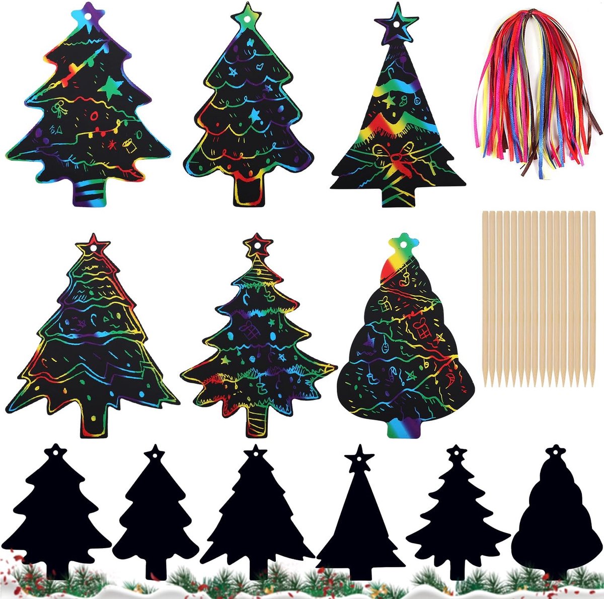 Dailygoods- Kerstkrabafbeeldingen 108 stuks - Set voor kinderen - Houten stiften - Linten - Kraspapier - Kleurrijke kerstdecoratie