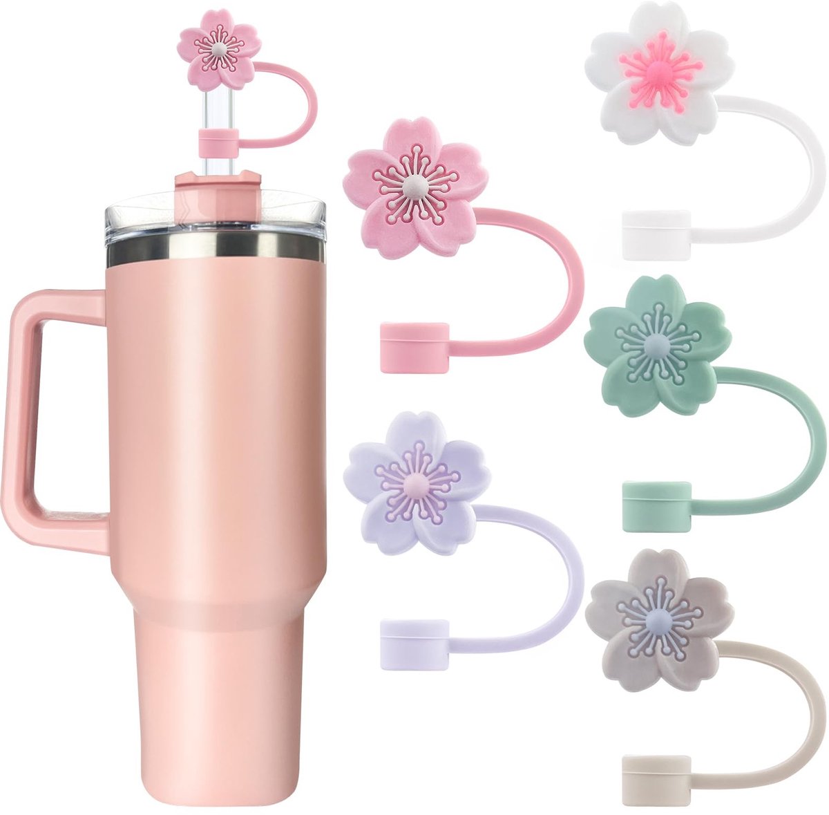 Dailygoods- Thermobeker Accessoires - 5 Stuks Bloemen Rietjes - Deksel - Hygiëne - Kleurrijk Ontwerp - Effectieve Bescherming - Rietjesdeksel