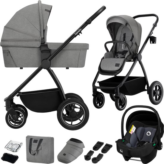 Lionelo Meril 3in1 Kinderwagen - Buggy – XL Reiswieg, Wandelwagen & ADAC-gecertificeerd Autostoeltje – All-Terrain Wielen – Compleet Accessoireset – UPF50+