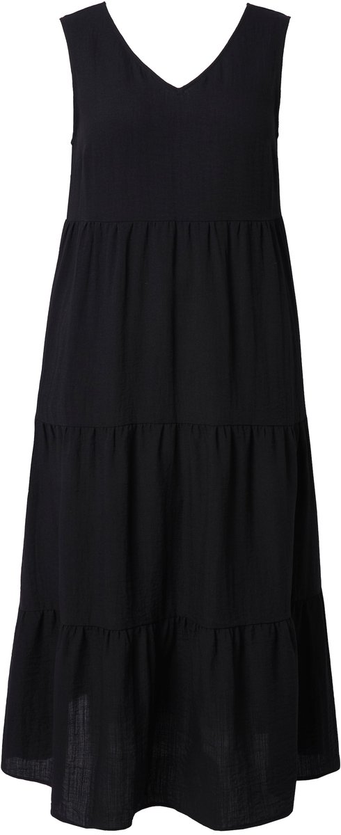 Ulla Popken - Dames - Maxi-jurk met laagjes A-lijn V-hals mouwloos - Zwart - Maat 44