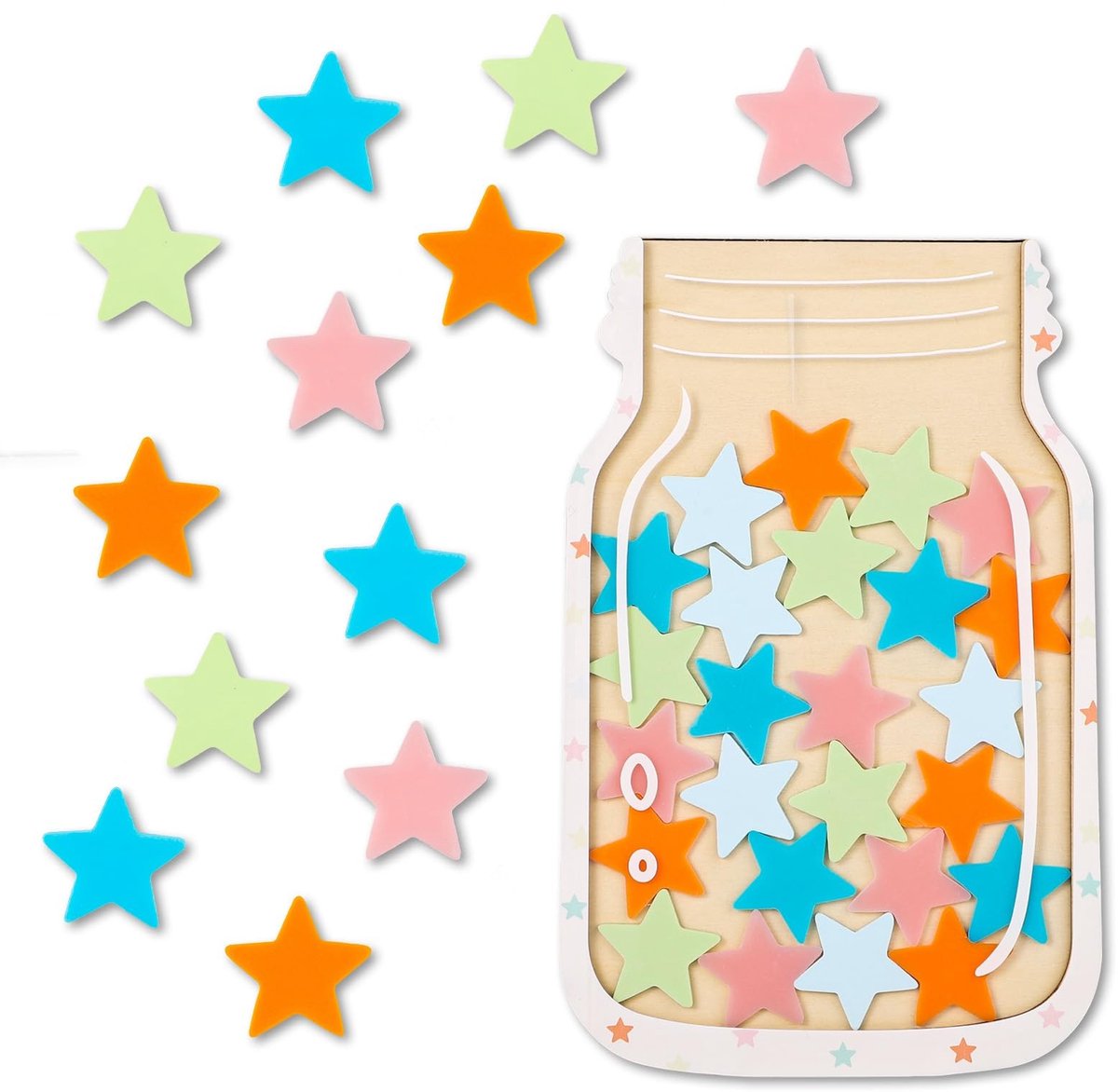Dailygoods- Beloningspot met 25 Kleurrijke Sterren - Houten Houder - Positief Gedrag - Klascapaciteit - Geschikt voor Leraren/ Ouders - 21 x 13,5 cm - Beloningsysteem