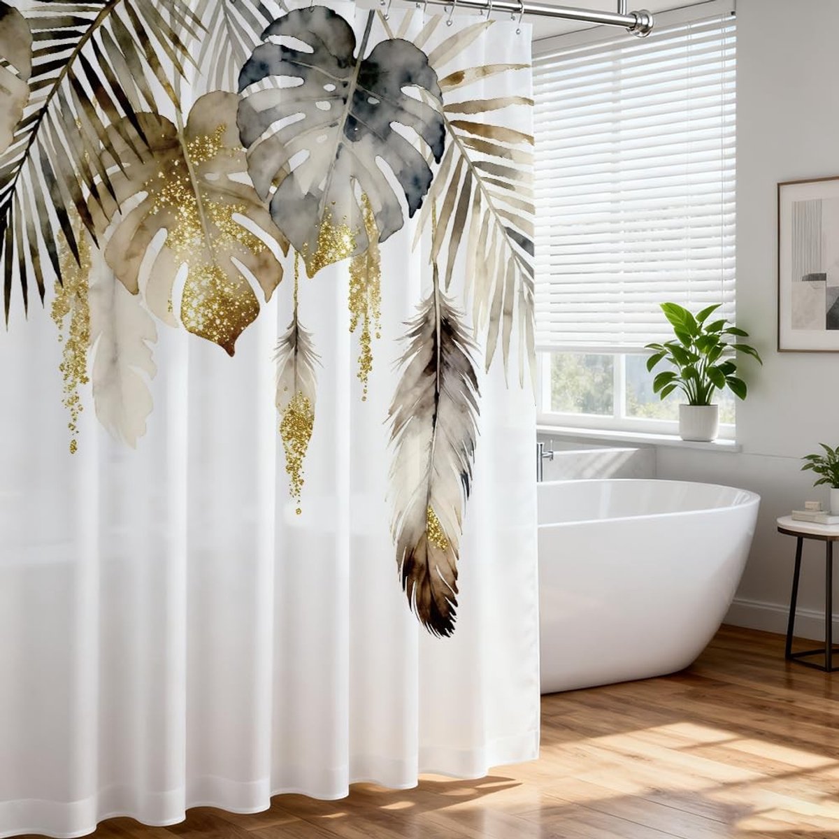 Dailygoods- Douchegordijn Waterdicht - Boho Bladeren - 183x183 cm - Zacht Polyester - Machinewasbaar - Set met Haken - Badkamergordijn