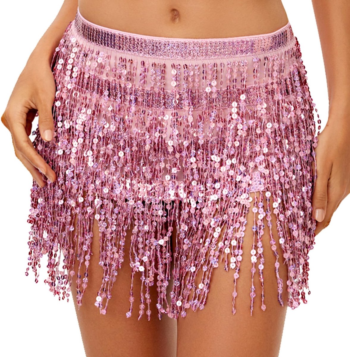 Dailygoods- Buikdansrok - Roze Pailletten - Franjes/Kwastjes - Heuproek - Rave Rok - Dames/Meisjes - 80 cm Lengte - Franjerok