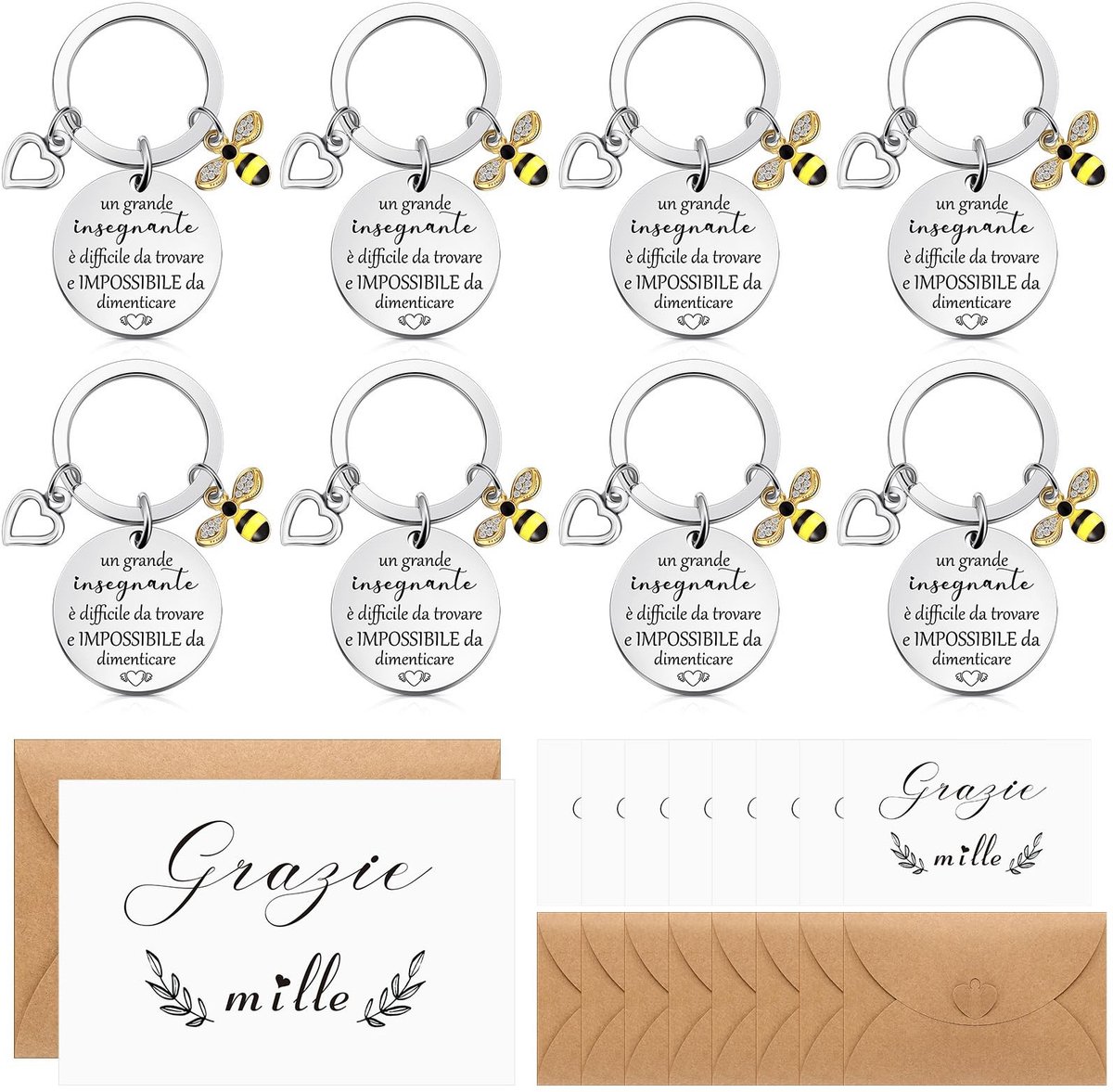 Dailygoods- Cadeauset voor Leraren - Sleutelhanger met Bijenhanger - Bedankkaarten met Enveloppen - Roestvrij Stalen Sleutelring - Legering - Kraftpapier Envelop - Lerarencadeau