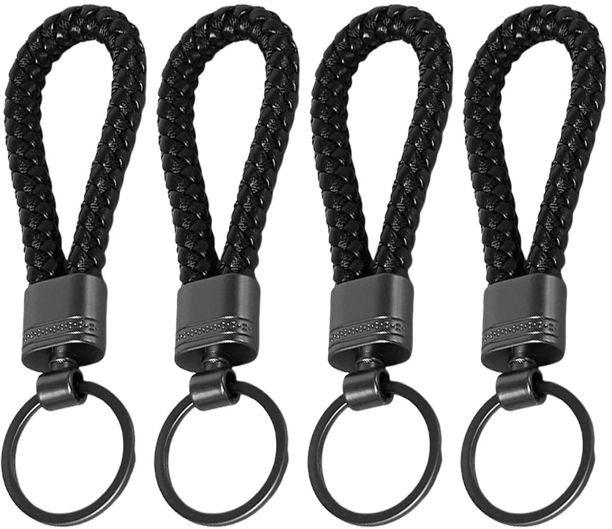 Dailygoods- Sleutelhanger 4 Stuks - Gevlochten Leer/Metaal - Duurzaam - Eenvoudig/Modieus - Zwart - 12,2 x 3,7 cm - Sleutelring