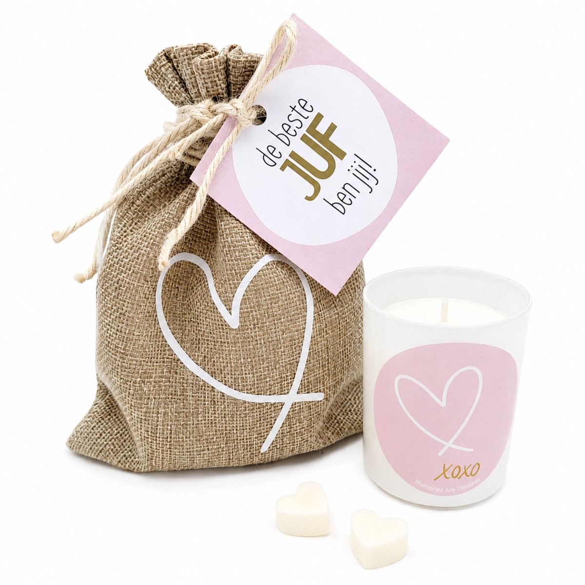 Memories Are Timeless Juf Cadeau Met Kaars En Zeephartjes - De Beste Juf Ben Jij - Einde schooljaar bedanken Juf Jute zakje met kaars