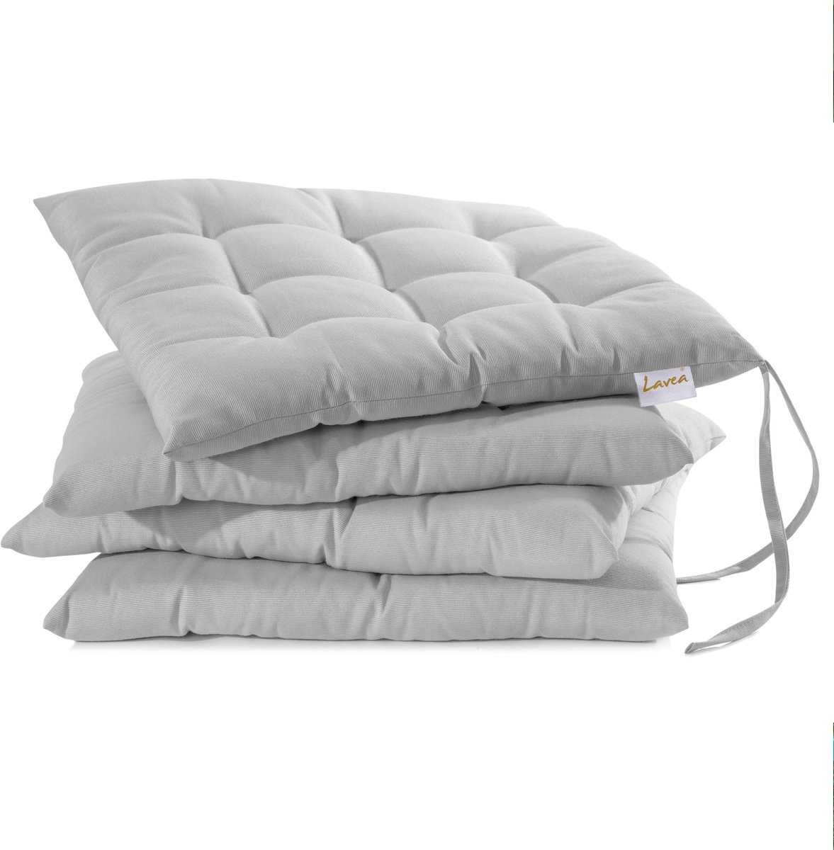Lavea® Stoelkussens 40x40 cm – Set van 4 met Bevestigingslinten – Comfortabel en Wasbaar voor Binnen en Buiten – voor Tuin, Balkon, Terras en Keuken – Zilver