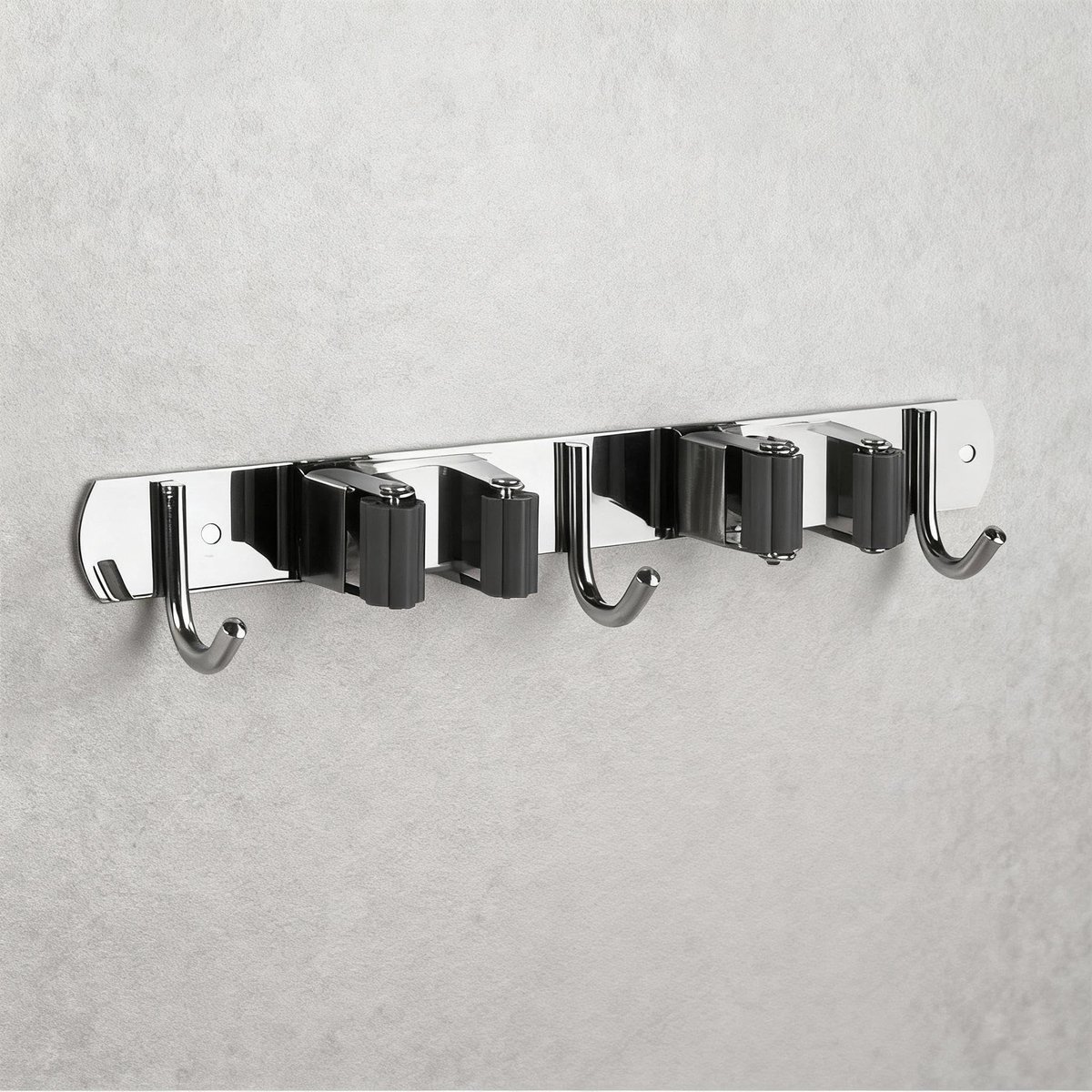 Dailygoods- Bezemhouder Roestvrij Staal - Zelfklevende Wandhouder - 2 Clips - 3 Haken - Geschikt voor Keuken/Badkamer - Corrosiebestendig - Opbergbeugel