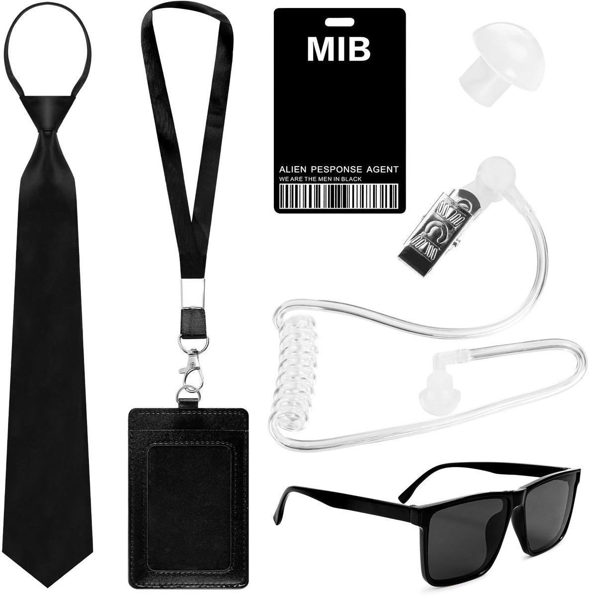 Dailygoods- Spion Accessoires 6-delig - Zwarte Zonnebril - Verstelbare Ritssluiting - ID-kaart met Kaarthouder - Koptelefoon - Hoogwaardige Materialen - Spionage Kostuum