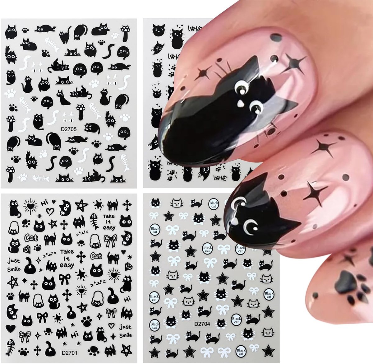 Dailygoods- Nagelstickers Set van 4 - Zelfklevende Nagelstickers - Kattenmotieven - Nageltattoos - Nagelkunst - 3D Effect - Nageltattoo