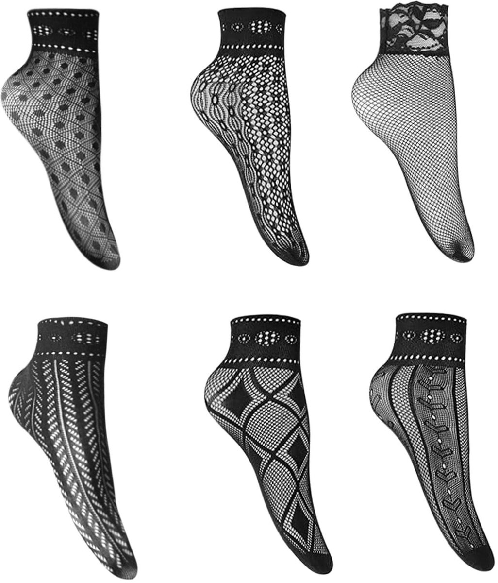 Dailygoods- Enkelsokken 6 Paar - Korte Kousen - Visnet Kousen - Kanten Sokken - Zwart - One Size - Ademend Nylon