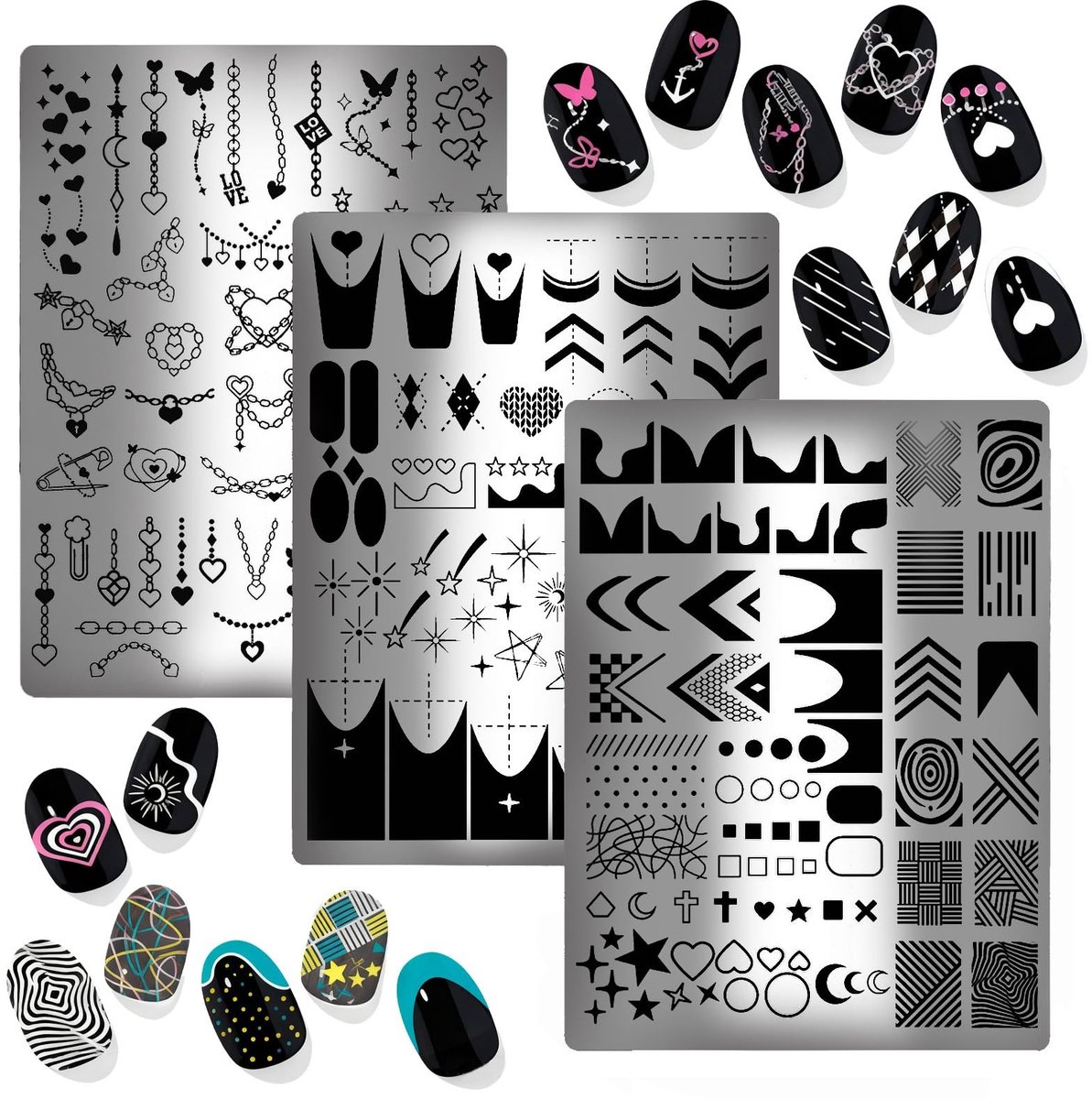 Dailygoods- Nagelstempelplaat 3 Stuks - Roestvrij Staal - French Tip - Sjablonen - Nailart - Multisize - Nailart Stempel