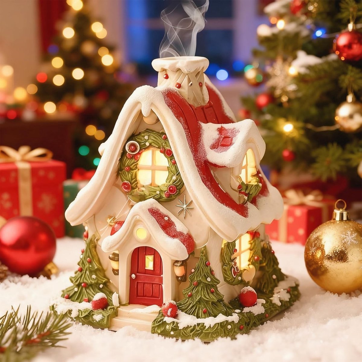 Dailygoods- Wierookhuisje Compact - Kerstdecoratie - Rookhuisje - Harsmateriaal - Draagbaar - Lampjes voor warme sfeer - Rookhuis
