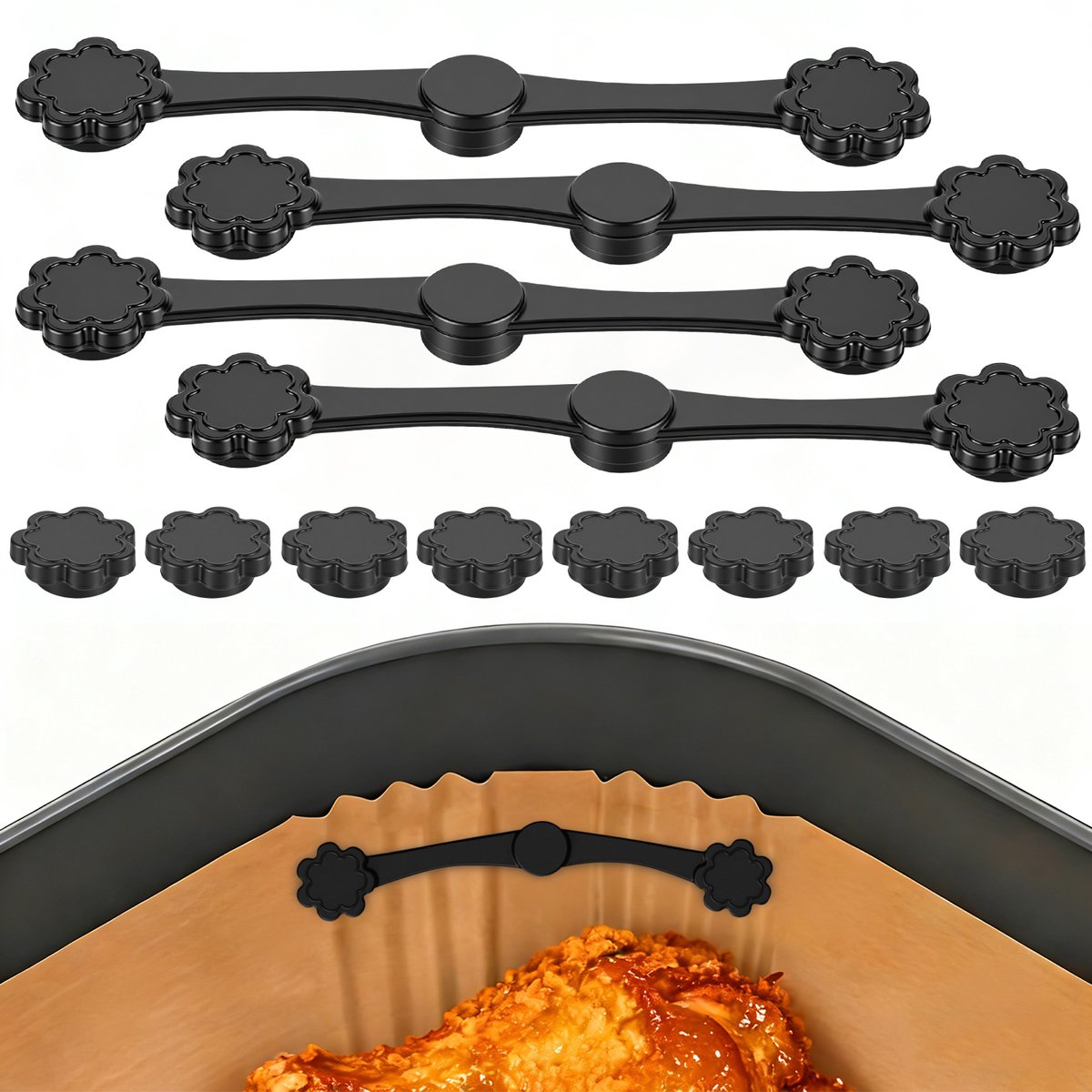 Lemlit Airfryer Magneten 12 Stuks - 10,6 cm - Siliconen Bakpapier Houder voor IJzeren Airfryermand - Magnetische Airfryer Accessoires - Zwart - Bloemvorm