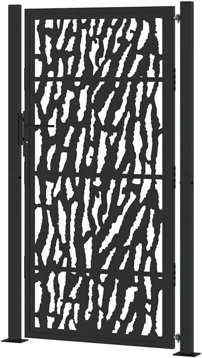 Tuinpoort zwart 100x175 cm van verzinkt staal met lasergesneden ontwerp, afsluitbaar sluitsysteem en drie sleutels, inclusief twee palen met flensplaten