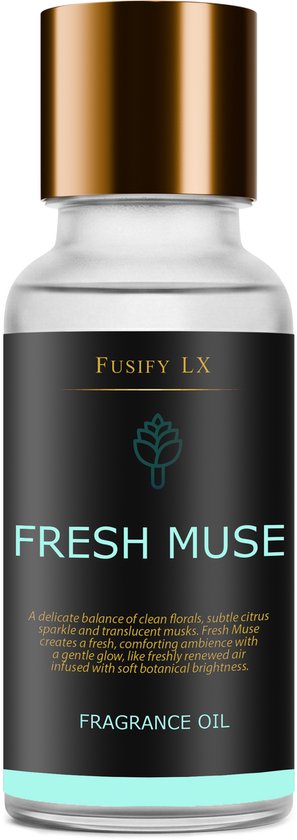 Flesje Fusify LX Fresh Muse geurolie met gouden dop, etiket met tekst 'FRESH MUSE FRAGRANCE OIL'.