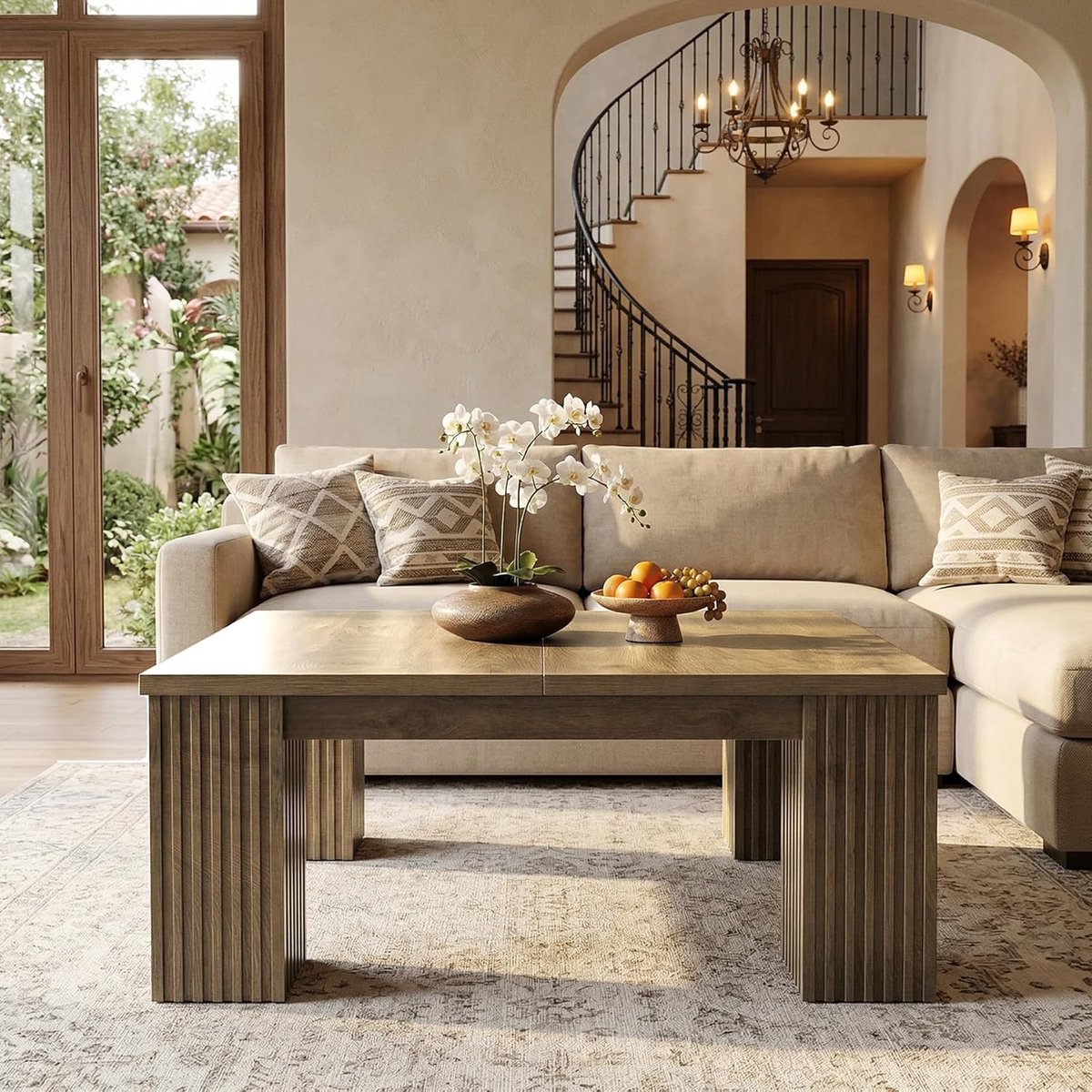Salontafel Vierkant 100 x 100 x 50 cm – Houten Woonkamertafel met Geribbelde Poten – Modern Farmhouse & Scandinavisch Design – Grote Coffee Table in Lichtbruin – Mobili Bella
