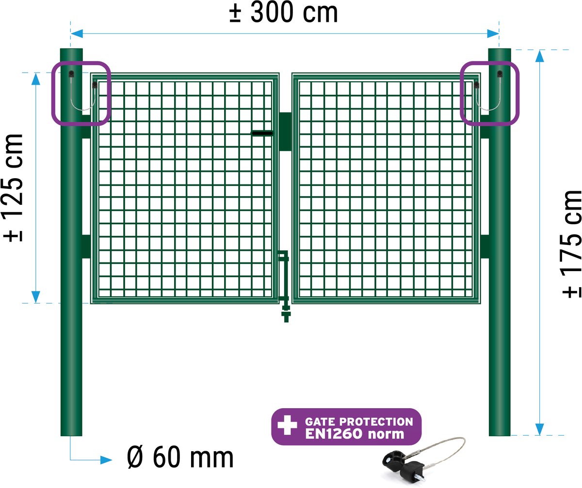 Dubbele poort 125 cm (hoogte) 2 vleugels van 150cm (lengte) RAL 6005 groen
