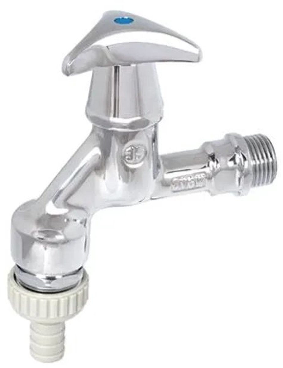 Schlösser Armaturen JS Uitloopventiel met buisbeluchter, met terugstroombeveiliging, met slangaansluiting, met driestergreep blauw, 1/2'', gepolijst chroom, DVGW gekeurd, 0017631550001