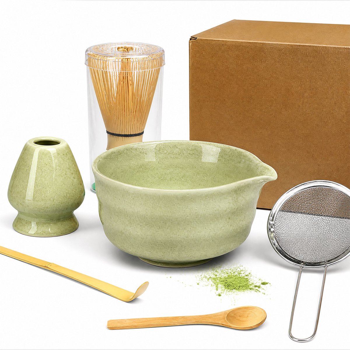 Matcha Theeset 6-delig – Japanse Matcha Kom Set – Matcha Bereidingsset – Theeceremonie Servies – Matcha Kom met Schenktuit – Groen